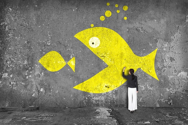 Person painting a large yellow fish and a smaller one on a weathered concrete wall.