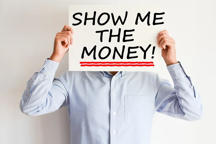 Person holding a sign that reads "SHOW ME THE MONEY!" in bold letters with a red underline.
