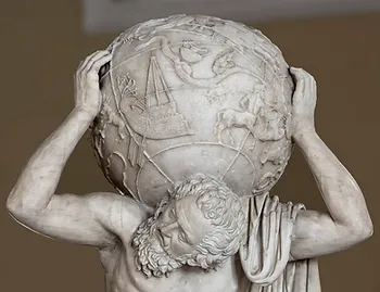 Marble statue of Atlas holding a richly detailed globe on his shoulders.