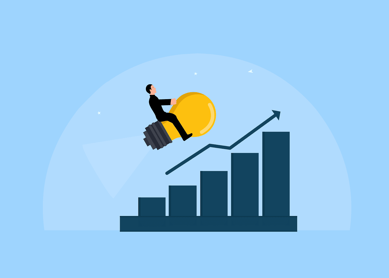 Illustration of a person riding a light bulb rocket above a rising bar graph and arrow, symbolizing innovation and growth.