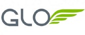 Logo with the text "GLO," where the "O" has stylized green wings.