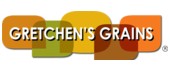 Logo of "Gretchen's Grains" with overlapping green, yellow, and orange rectangles in the background.