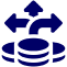 Icon of three arrows emerging from a stack of coins, pointing in different directions, representing financial distribution or investment choices.